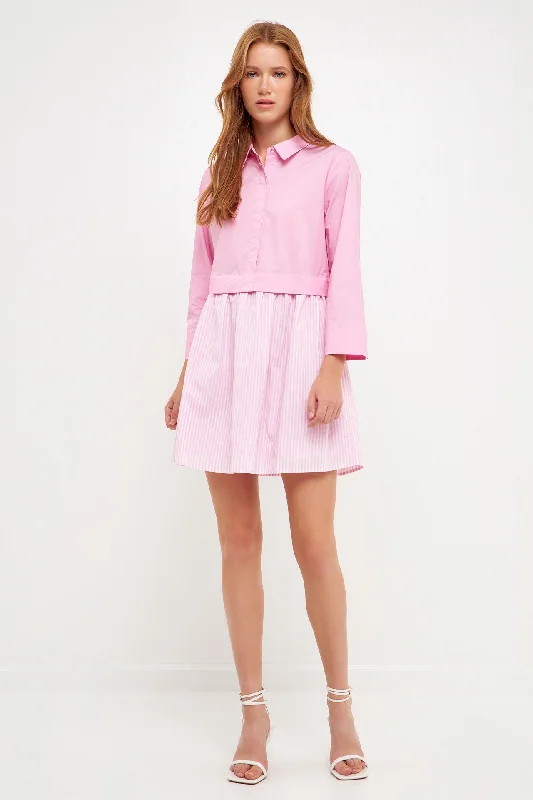 Pleated Women Dress with a Timeless and Elegant TextureStripe Contrast Shirt Mini Dress