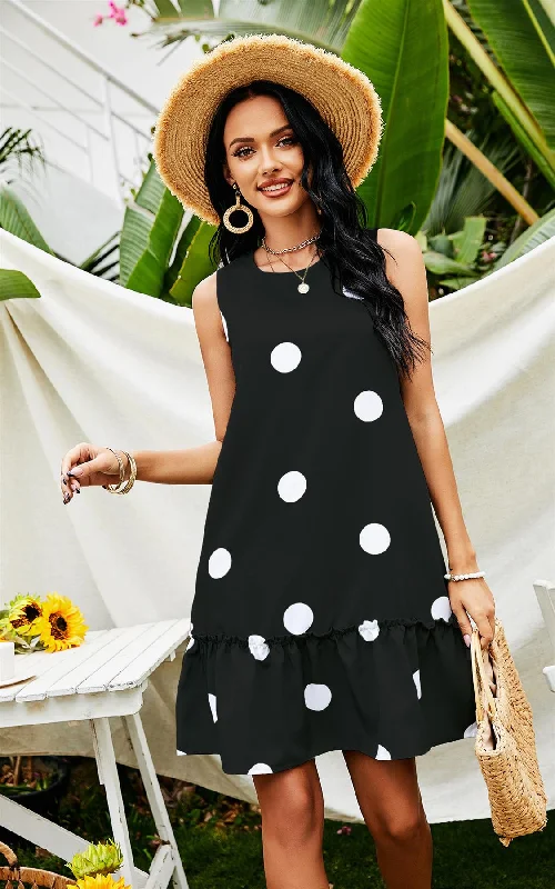 Sleeveless Women Dress in Bright Colors for Summer PartiesWeißes Minikleid mit Polka-Print und Rüschen in Schwarz