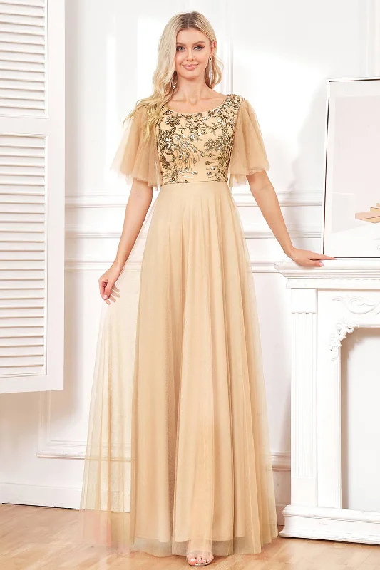 Sheath Women Dress with a Tailored Fit for a Professional LookBat Sleeves A Line Tulle Champagne Formal Dress with Sequins