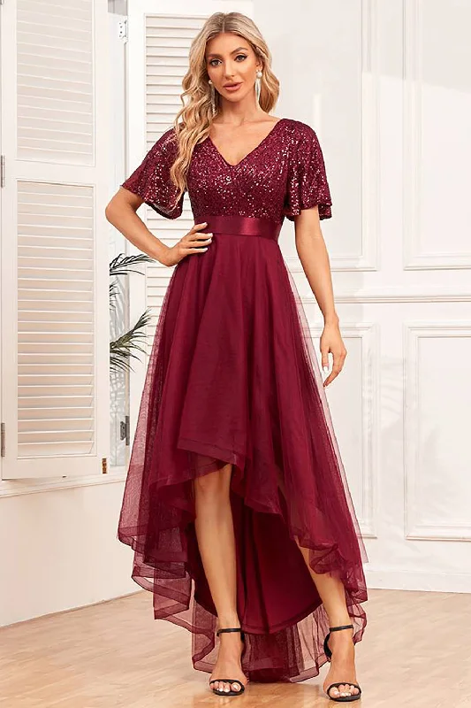 Pleated Women Dress with a Timeless and Elegant TextureBurgundy High-low A-line Formal Dress with Sequins