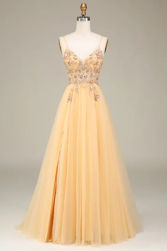 Backless Women Dress for a Sexy and Alluring Look at Evening EventsCharming A Line Spaghetti Straps Golden Long Prom Dress with Beading