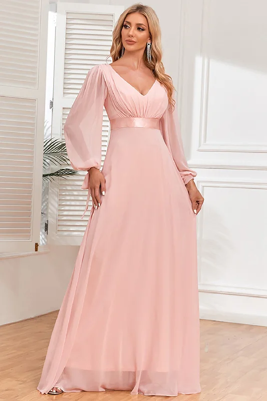 Mermaid - Style Women Dress with a Fitted Silhouette for Special OccasionsChiffon V-Neck Blush Formal Dress with Long Sleeves