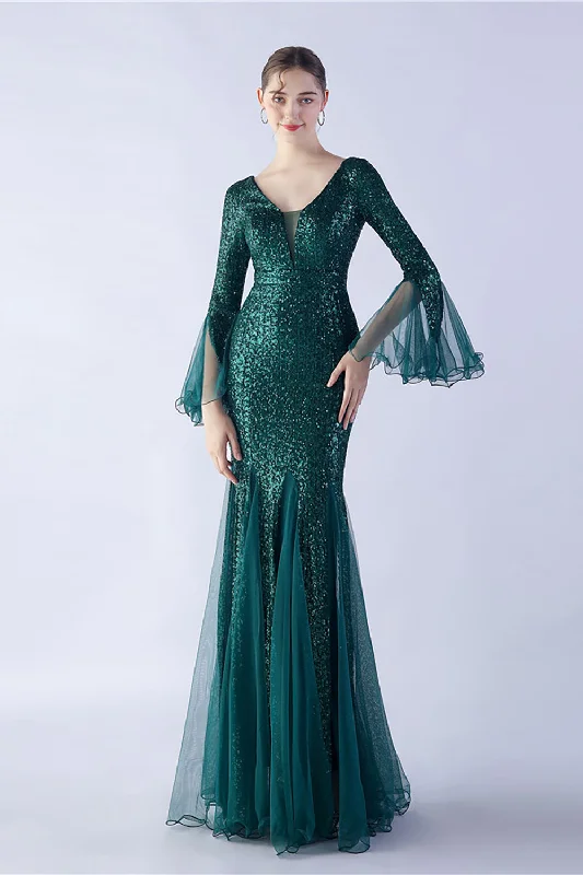 Printed Abstract Women Dress for a Modern and Artistic AppealDark Green Sequin V-neck Long Sleeves Mermaid Formal Dress