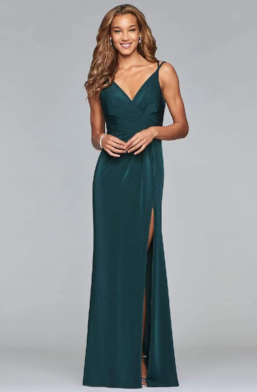 Plus Size Women Dress with a Flattering A - Line Cut for Comfort and StyleFaviana - 7755 Sleeveless V Neck High Slit Faille Satin Dress