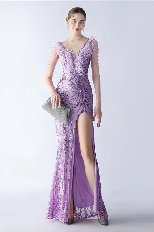 Sheath Women Dress with a Tailored Fit for a Professional LookLilac Mermaid V Neck Sequin and Beaded Ostrich Feathers Evening Dress With Slit