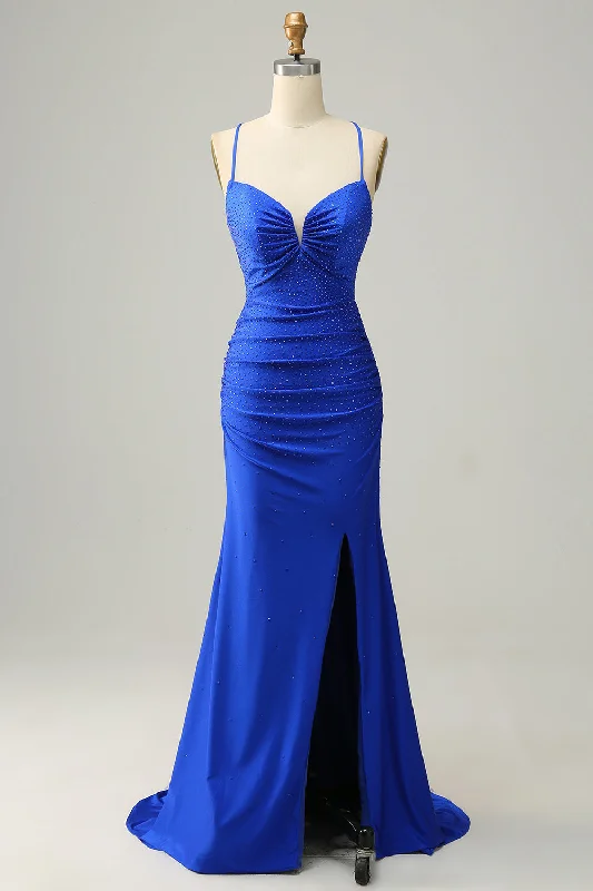 Sleeveless Women Dress in Bright Colors for Summer PartiesMermaid Spaghetti Straps Royal Blue Long Prom Dress with Beading