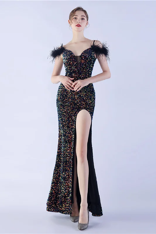 Pleated Women Dress with a Timeless and Elegant TextureMermaid Spaghetti Straps Sequin Formal Evening Dress With Feathers