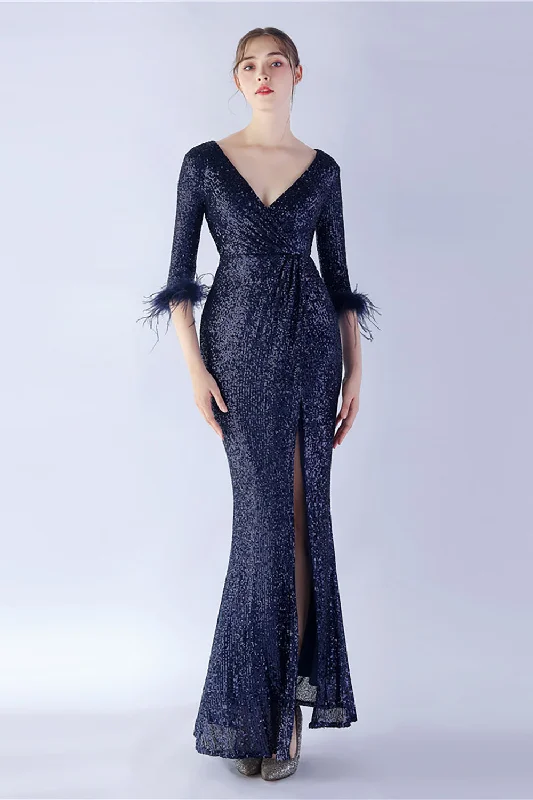 Ball Gown Women Dress with a Full Skirt for a Princess - like LookNavy Sequin V-neck Half Sleeves Sheath Formal Dress with Feather