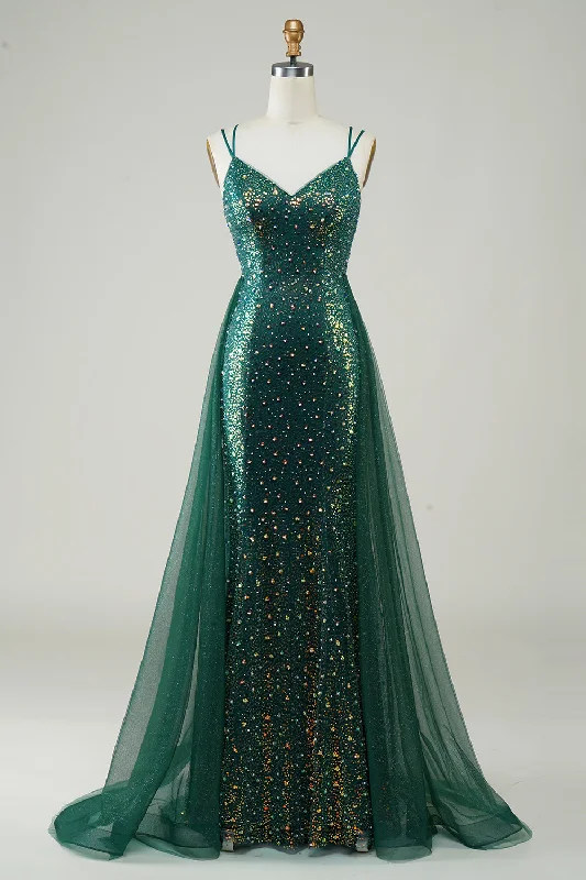 Strapless Women Dress with a Built - in Bra for Comfort and SupportSparkly Dark Green Beaded Long Prom Dress