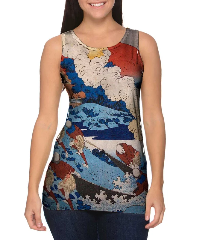 Crew Neck Women's Sustainable Tank Tops Made from Recycled MaterialsKatsushika Hokusai - "Net Fishing At Night" (1835)