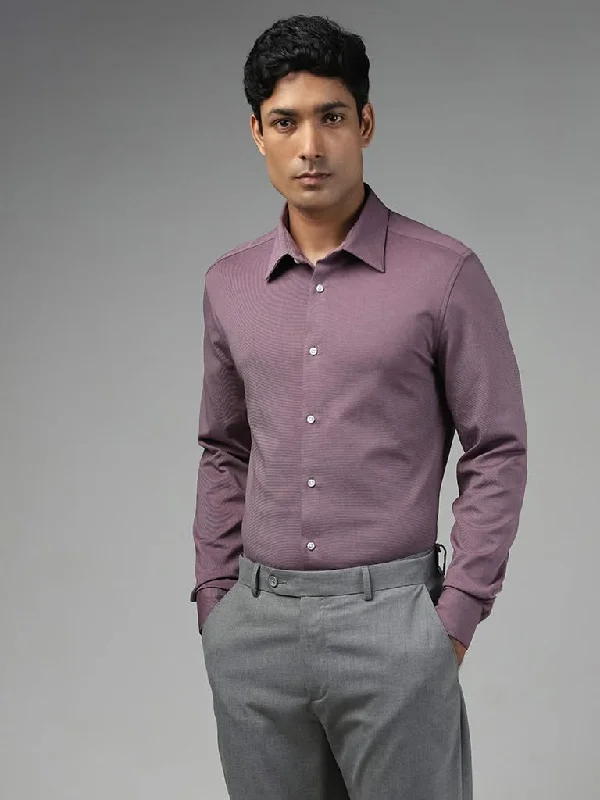 WES Formals Plain Plum Cotton Blend Slim-Fit Shirt