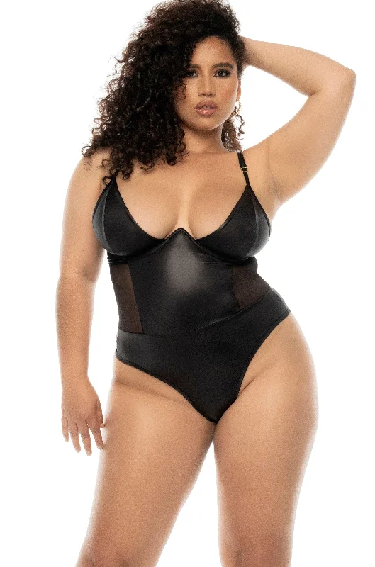 Mesh Bodysuits for a Bold and Edgy Fashion StatementLeather-Effect Fabric with Transparent Tulle Bodysuit | Plus Size