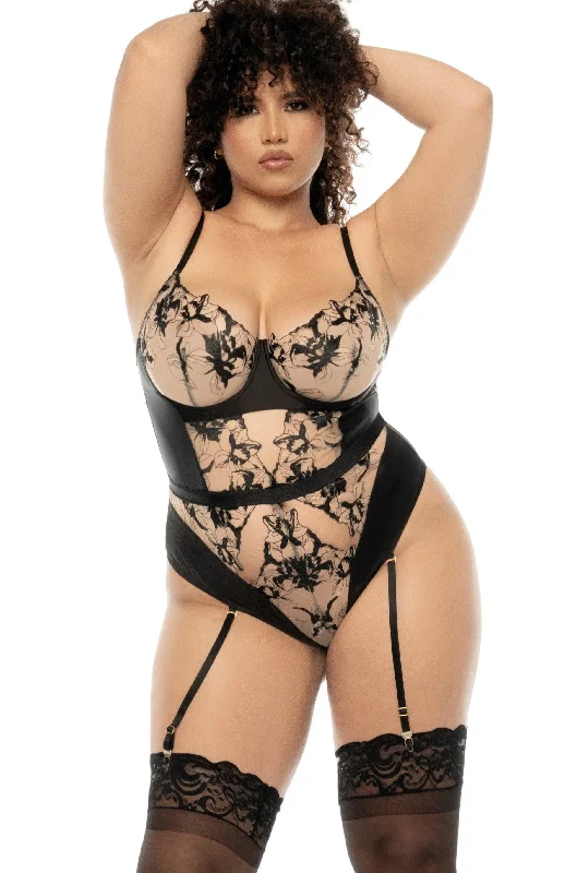 Printed Bodysuits with Floral Patterns for a Feminine VibeEmbroidered Lace and Satin Bodysuit | Plus Size