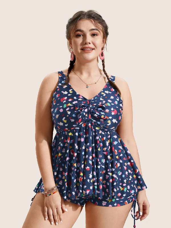 Swim sets with a ruched bodice for a more form - fitting shapeAllover Print V Neck Gathered Swim Top