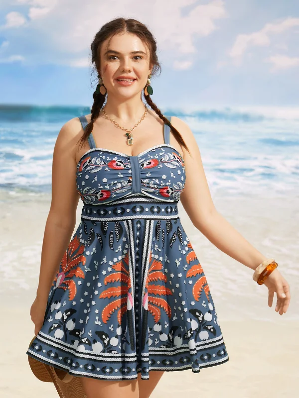 Swim sets with a belted waist for a defined silhouetteBandana Print Heart Neckline Gathered Swim Dress