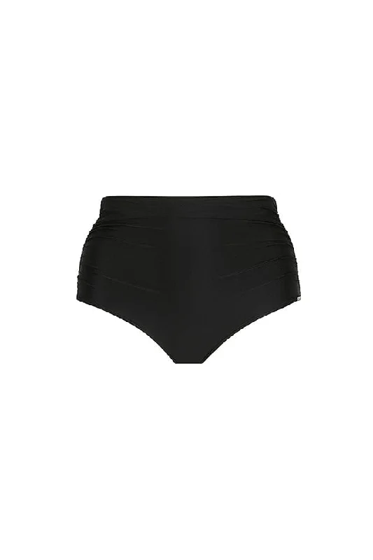 Long - line bikini top for added support and a fashionable lookBlack Extra Ruched High Waisted Belly Pant Bikini Bottoms