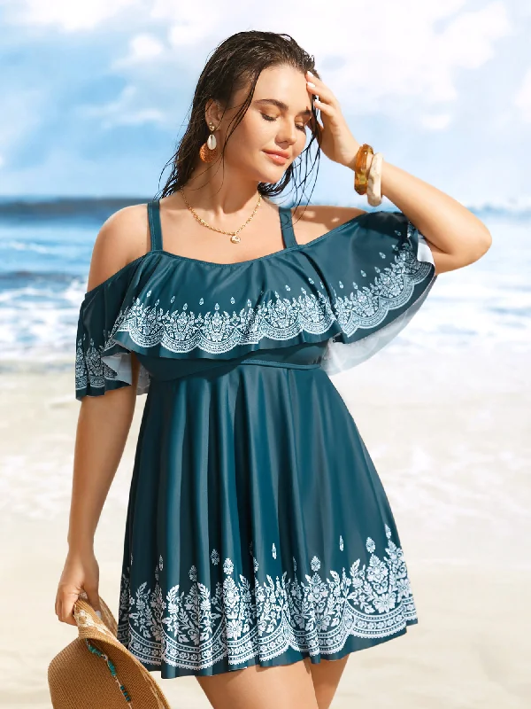 Swim sets with mesh panels for a sexy and breathable designBoho Print Off Shoulder Ruffle Trim Swim Dress