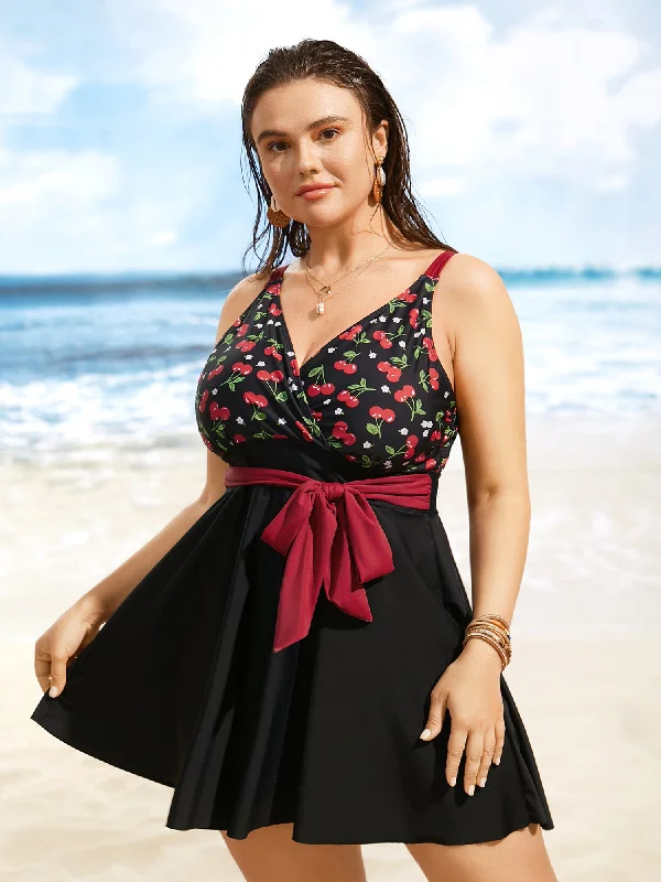 Swim sets with a belted waist for a defined silhouetteCherry Print Wrap Tie Knot Swim Dress