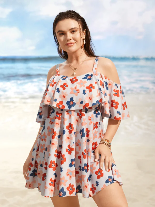 Swim sets with a puffed sleeve for a vintage - inspired styleContrast Floral One Shoulder Neck Ruffles Swim Dress