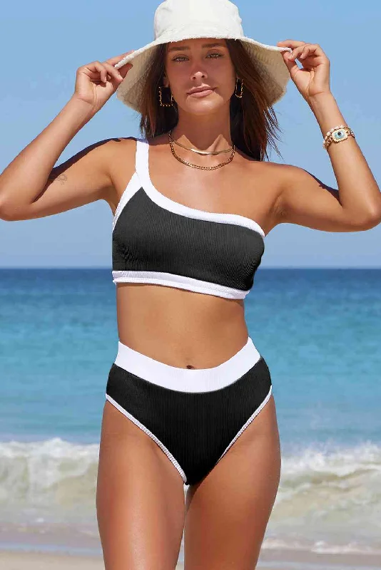 Swim sets with a high - neck design for a more modest optionContrast Trim Ribbed One-Shoulder Bikini Set