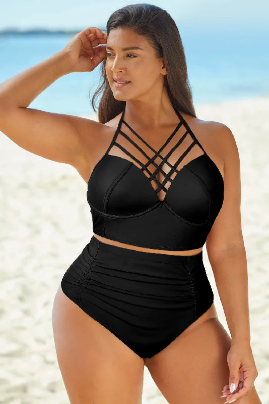 Swim sets with a one - shoulder design for a stylish and asymmetric appearanceFull Size Halter Neck Crisscross Ruched Two-Piece Swimsuit