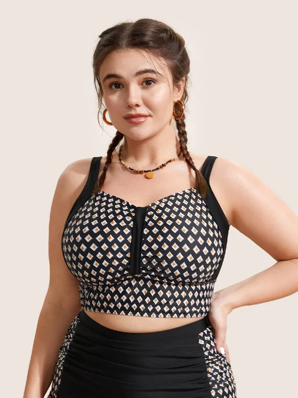 Swim sets with a cold - shoulder design for a trendy and modern lookGeometric Heart Neckline Ruched Swim Top