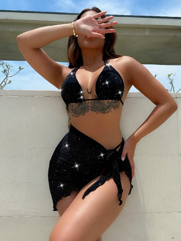 Swim sets with a keyhole front for a sexy detailGlitter Halter Neck Backless Three-Piece Swim Set