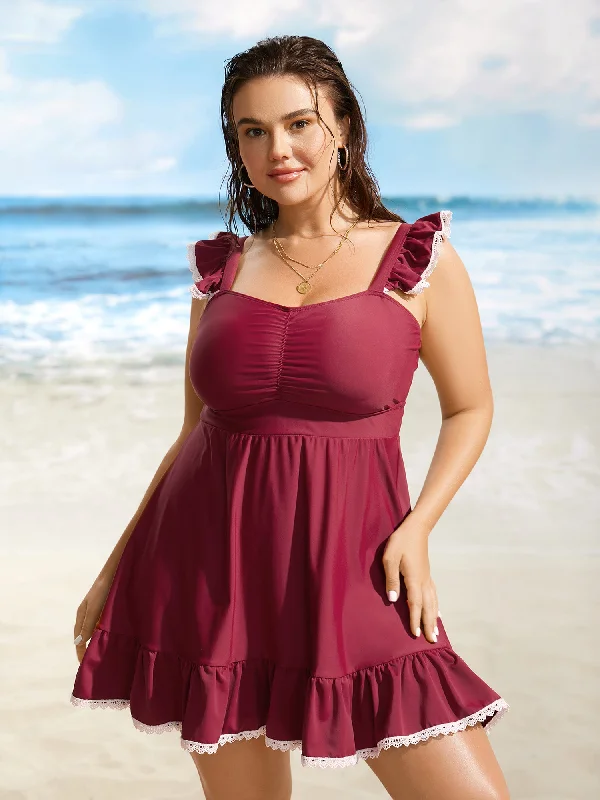 Swim sets with a denim - like texture for a casual and trendy styleHeart Neckline Gathered Patchwork Lace Trim Swim Dress