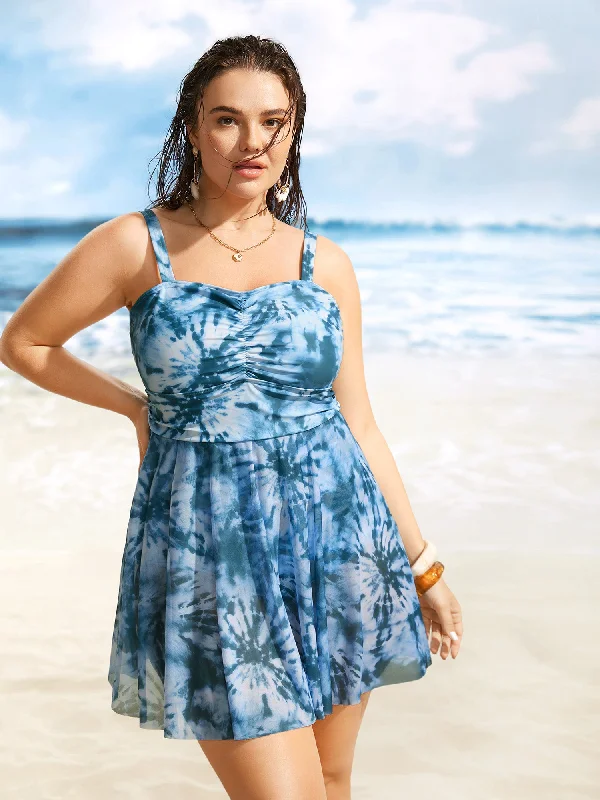 Bikini swim sets with high - waisted bottoms for a retro styleHeart Neckline Tie Dye Ruched Swim Dress