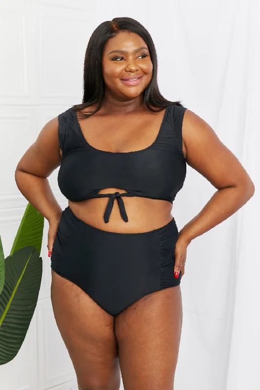 Swim sets with a geometric print for a contemporary aestheticMarina West Swim Sanibel Crop Swim Top and Ruched Bottoms Set in Black