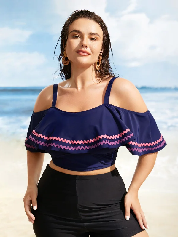 One - piece swim sets with cut - out details for a trendy lookOff Shoulder Woven Ribbon Ruffle Trim Swim Top