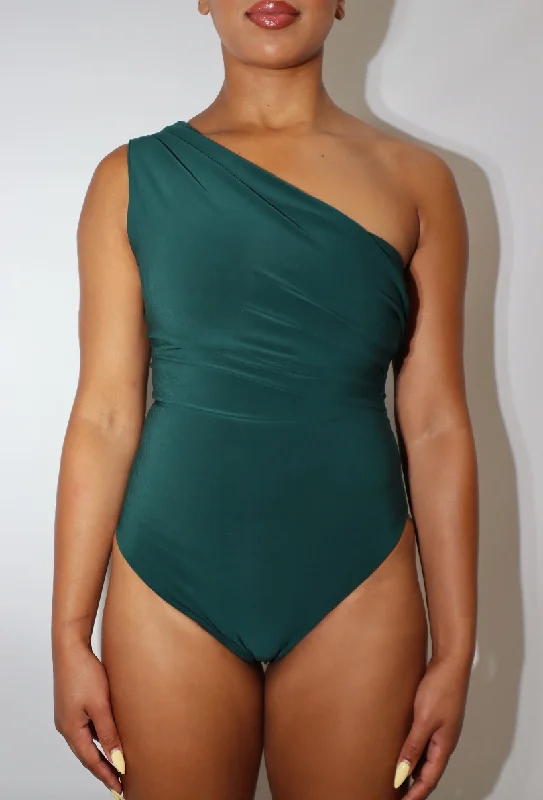 Long - Sleeve Bodysuits for Cold Weather LayeringOne Shoulder Asymmetric 'Maya' Bodysuit - Green