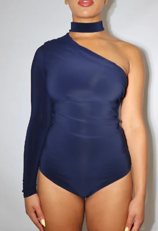 Button - Front Bodysuits with a Classic and Timeless AppealOne Shoulder Long Sleeve Bodysuit - 'Amy ' - Navy Blue