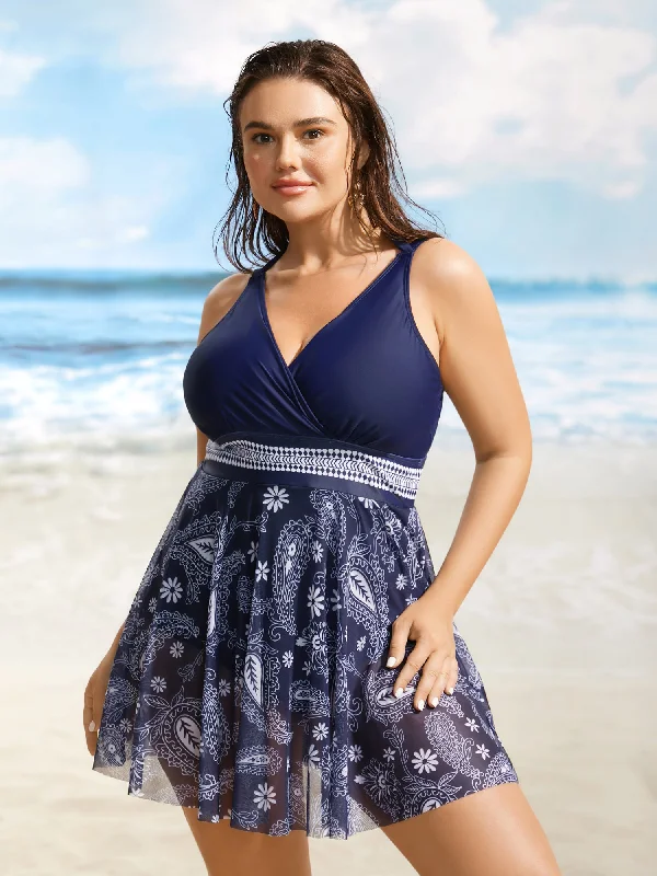 Swim sets with a one - shoulder design for a stylish and asymmetric appearanceOverlap Collar Bandana Print Mesh Swim Dress