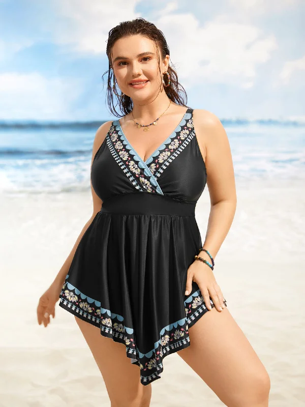 Swim sets with a scalloped edge for a charming and feminine lookOverlap Collar Boho Print Hanky Hem Swim Dress