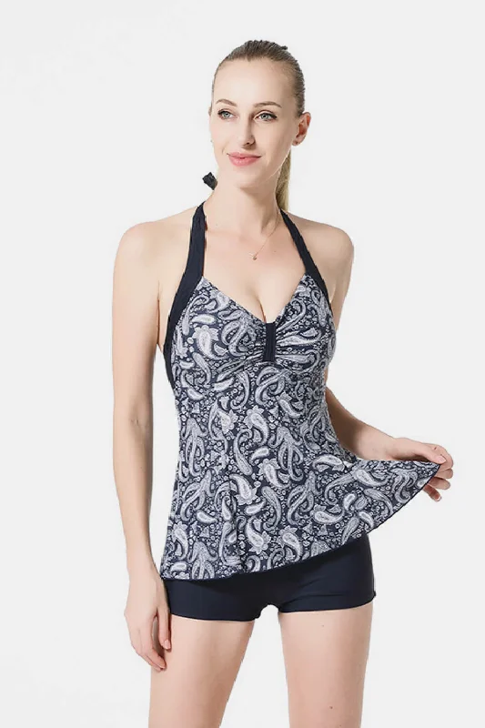 Swim sets with a high - cut bottom for a more flattering and leg - lengthening lookPaisley Halter Neck Two-Piece Swimsuit