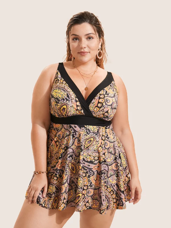 Swim sets with a pleated skirt for a more modest and feminine lookPaisley Print Wrap Contrast Trim Swim Dress