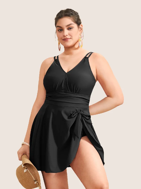 Swim sets with a sheer cover - up included for added stylePlain Gathered Knot Adjustable Straps Swim Dress