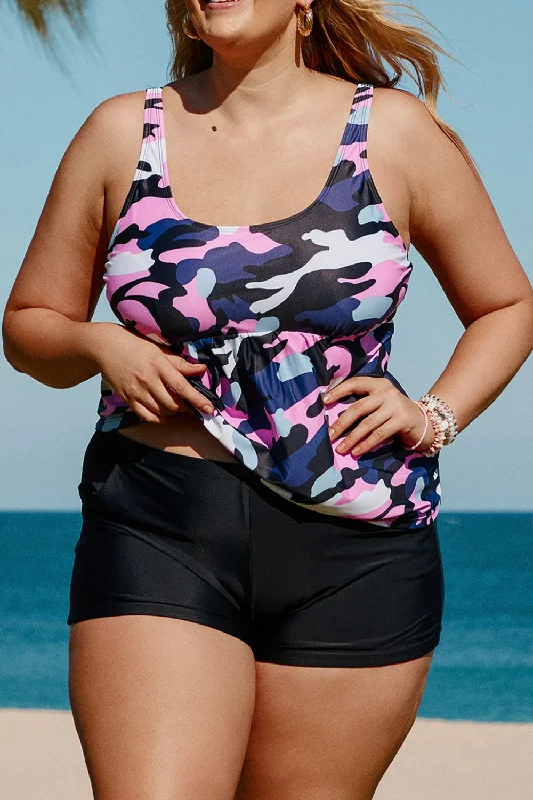 Swim sets with a bandeau top for a sleek and strapless lookPlus Size Camouflage Peplum Two-Piece Tankini Set