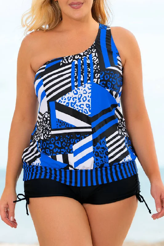 Swim sets with a pocket for added functionalityPlus Size Patchwork Tied One-Shoulder Tankini Set