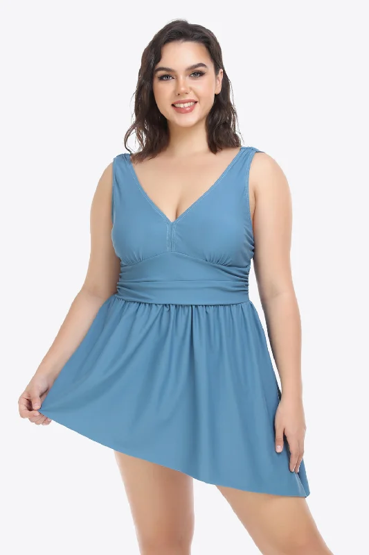 Swim sets with a linen - like fabric for a breathable and natural lookPlus Size Plunge Sleeveless Two-Piece Swimsuit