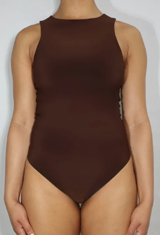 Cut - Out Bodysuits for a Trendy and Fashion - Forward StyleRacer Neck Double Layer 'ELR' Bodysuit - Chocolate Brown