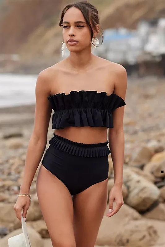 Swim sets with a pleated skirt for a more modest and feminine lookRuffled Tie Back Two-Piece Swim Set