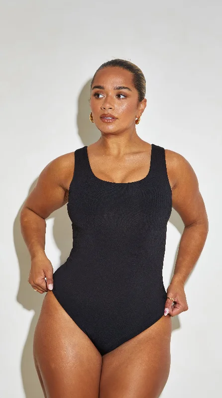 High - Neck Bodysuits for a Modest and Sophisticated LookScoop Neck Plunge Sleeveless 'Joy' Bodysuit - Black