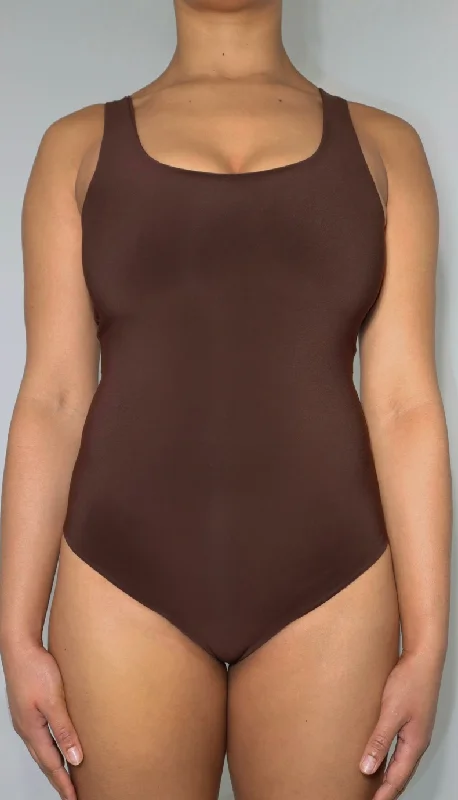 Sleeveless Bodysuits for a Cool and Casual Summer LookScoop Neck Plunge Sleeveless 'Joy' Bodysuit - Chocolate Brown