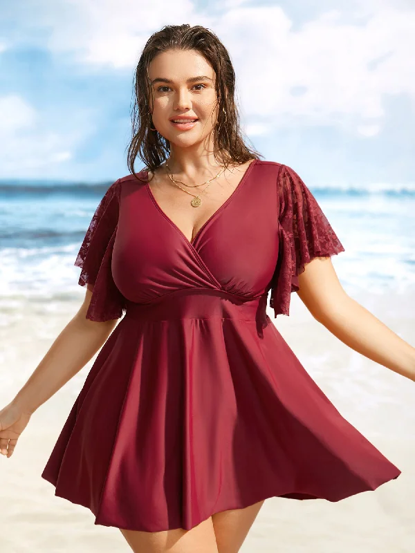 Swim sets with a wrap - around style for a unique lookSolid Overlap Collar Lace Patchwork Gathered Swim Dress