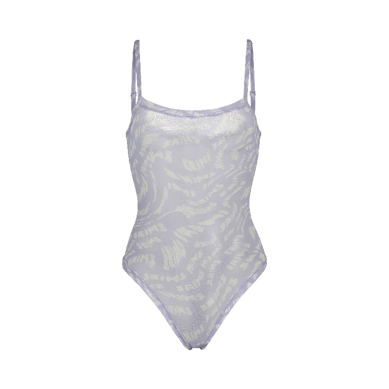 Printed Bodysuits with Floral Patterns for a Feminine VibeSUMMER MESH STRAPPY BODYSUIT | LILAC SWIRL