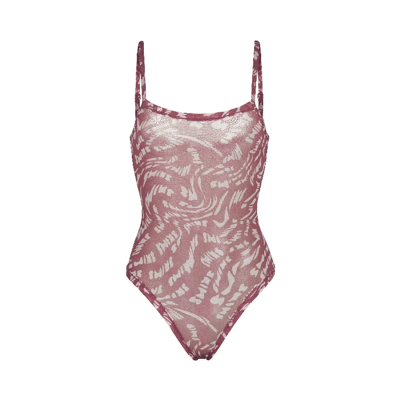 Seamless Bodysuits for a Smooth Underwear LookSUMMER MESH STRAPPY BODYSUIT | RASPBERRY SWIRL