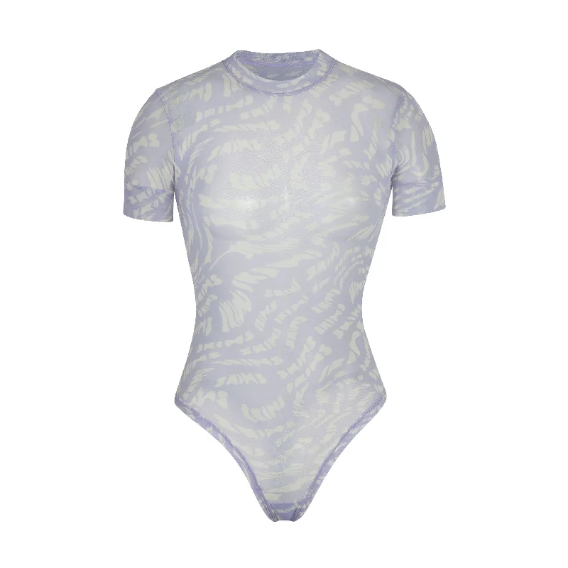 Ruffled Bodysuits with a Playful and Feminine TouchSUMMER MESH T-SHIRT BODYSUIT | LILAC SWIRL