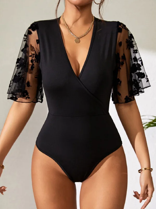 Plus - Size Bodysuits with a Comfortable and Flattering FitSurplice Lace Half Sleeve Bodysuit